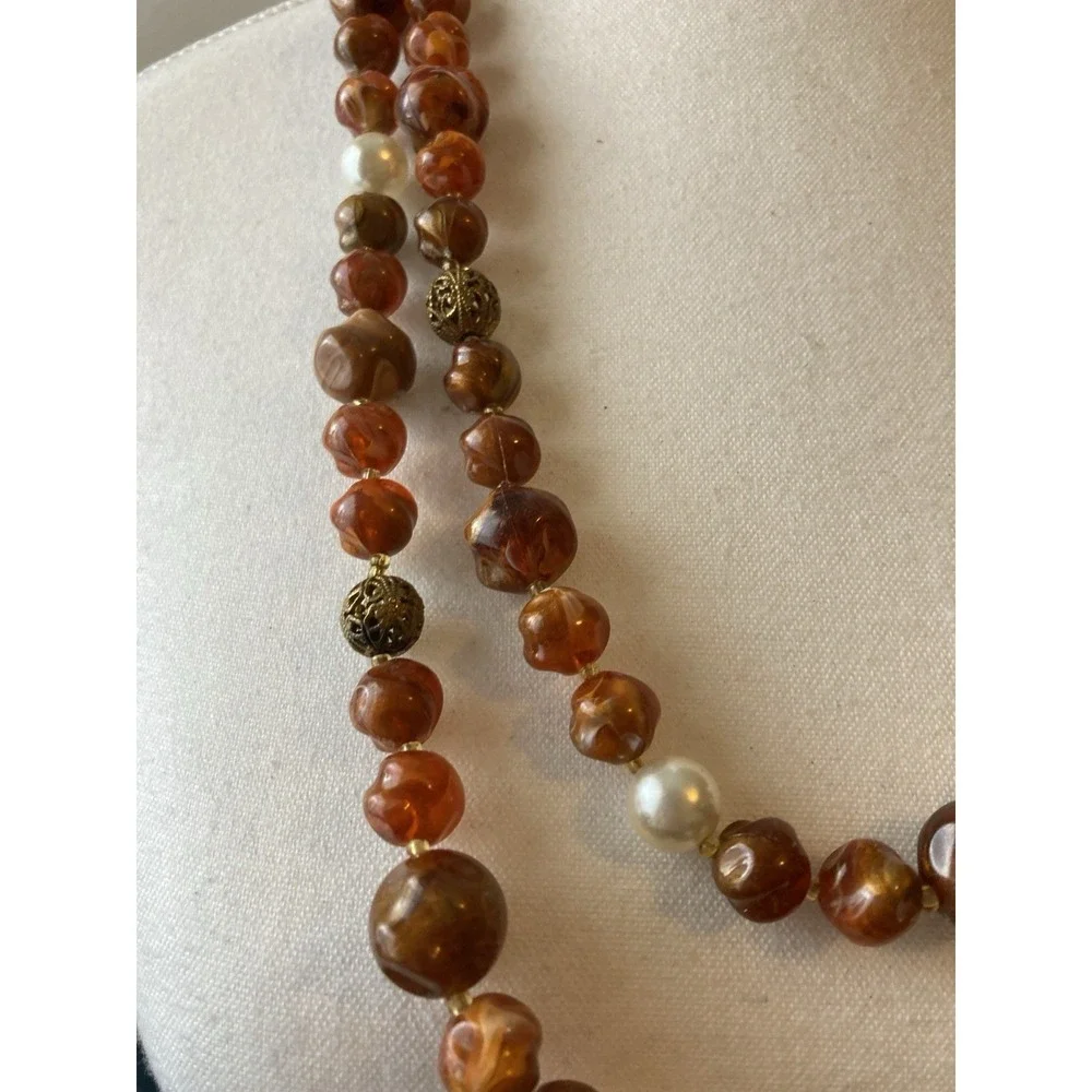 Vintage Double Strand Necklace‎ In Earthy Brown Nugget Bead Faux Pearl Gold Tone